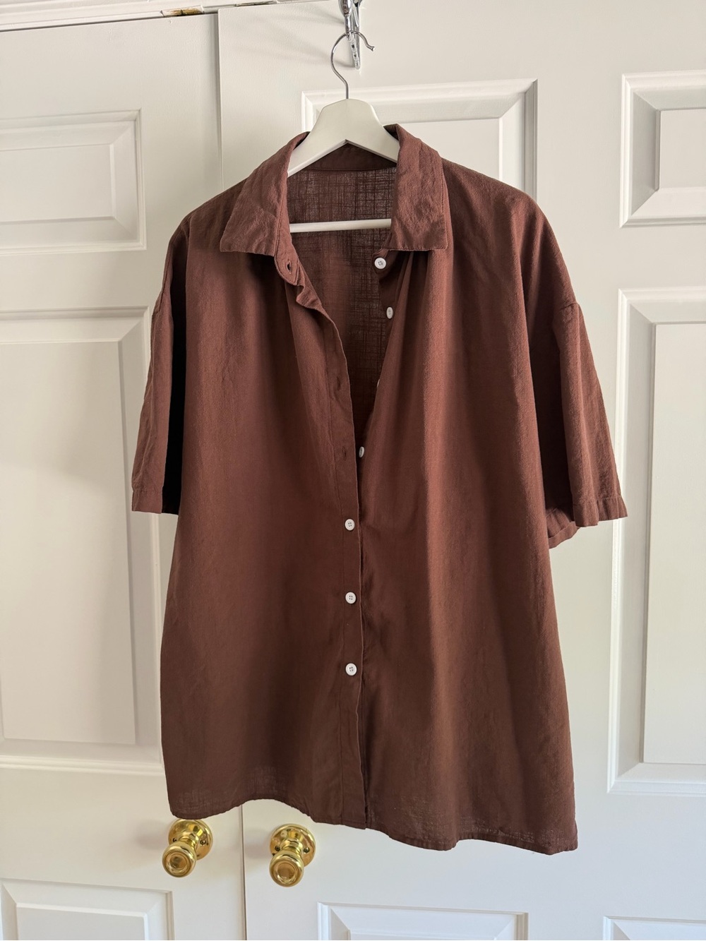 SHEIN Linen-Look Button-Up Shirt | Brown | Size XL